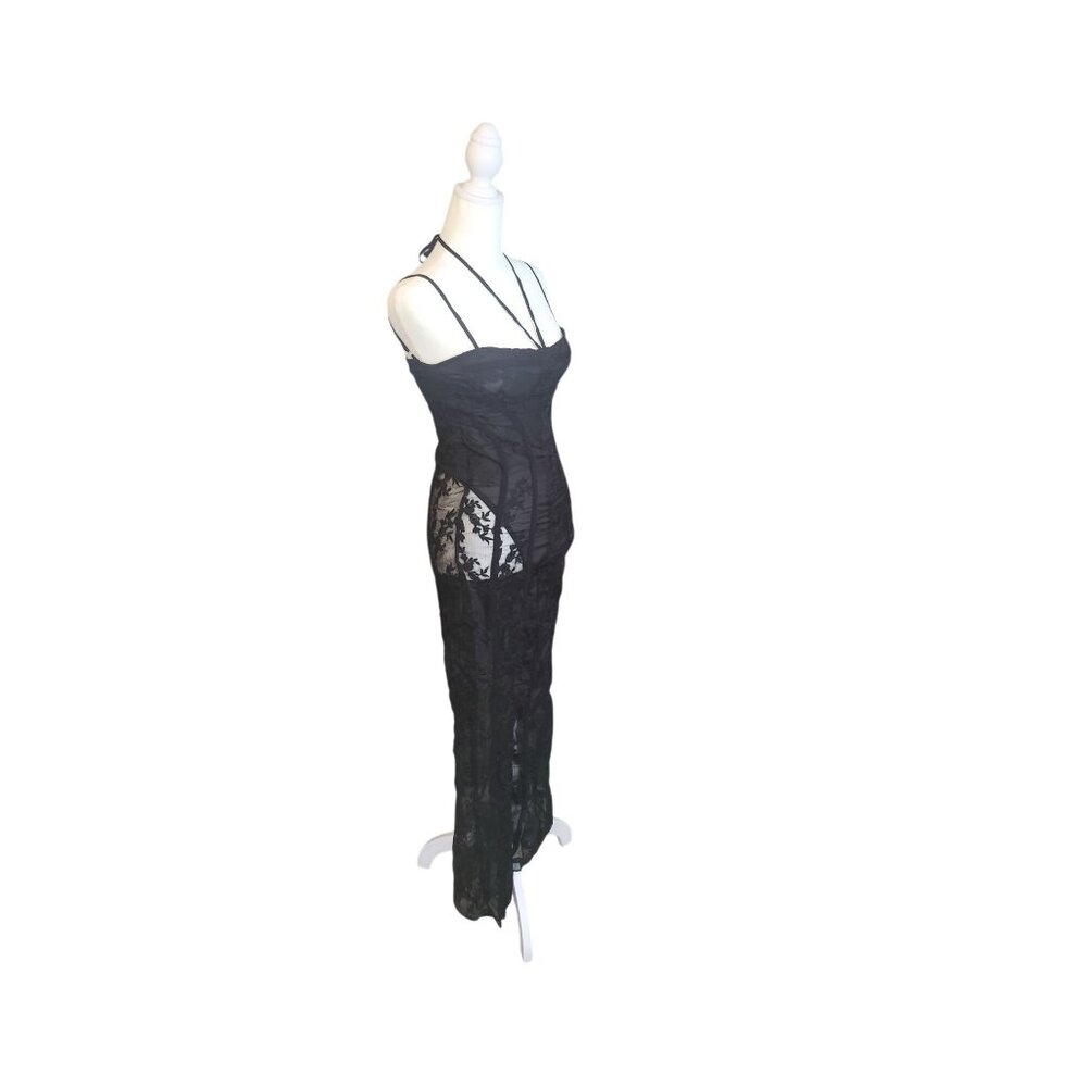 PrettyLittleThing Black Lace Binding Detail Strappy Sheer Jumpsuit Size 4 - Picture 4 of 8
